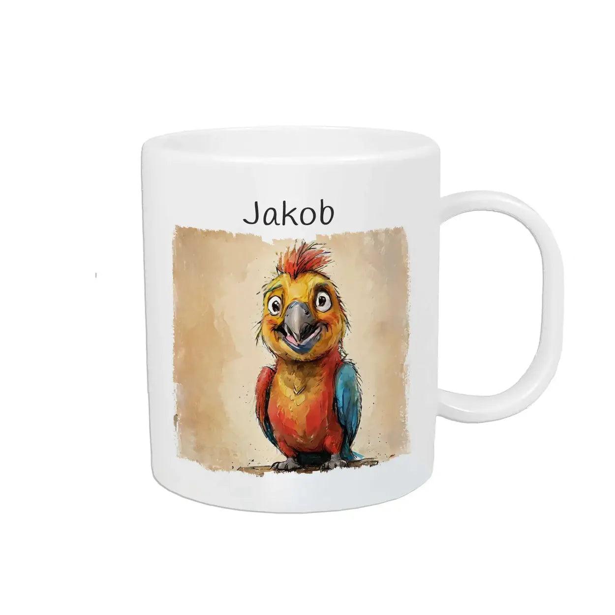 Kindertasse mit Namen | Frecher Papageienfreund - Druckerino