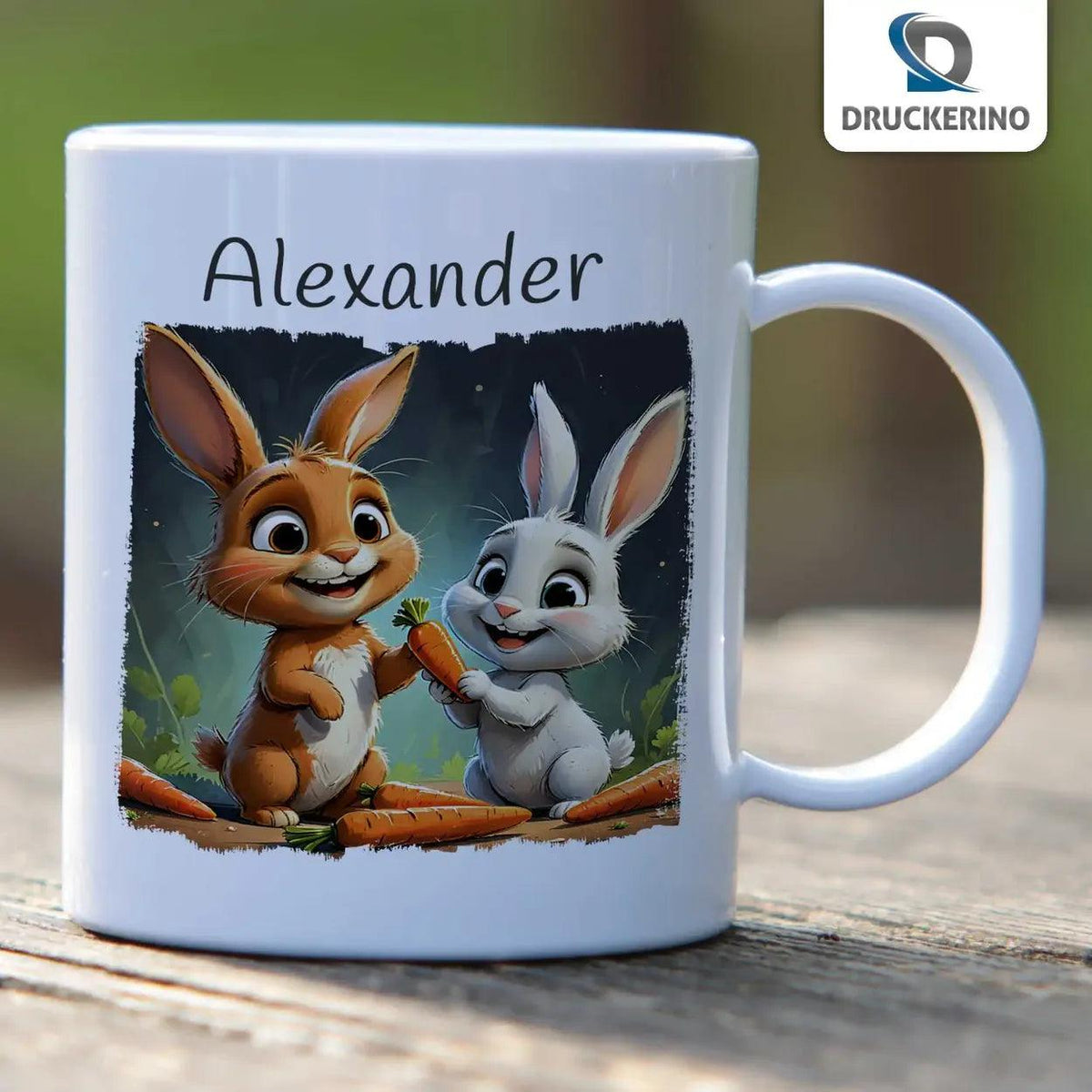 Kindertasse mit Namen | Hoppelnde Hasenfreunde - Druckerino