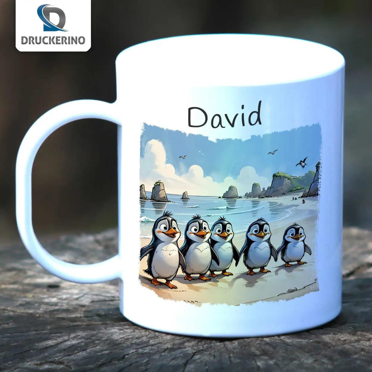 Kindertasse mit Namen | Pinguin-Strandabenteuer - Druckerino