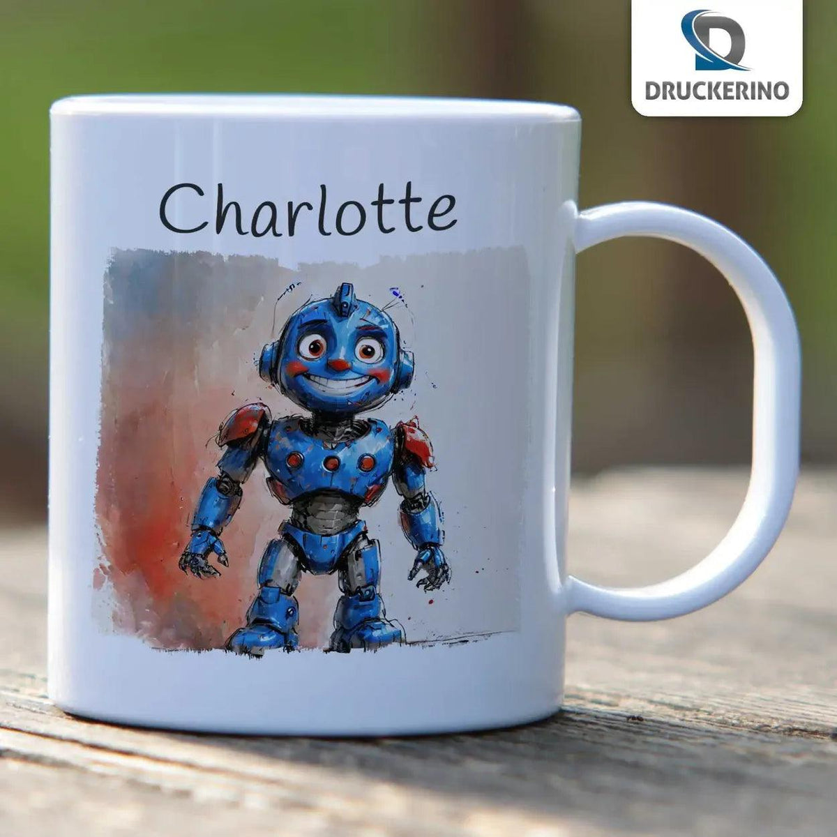 Kindertasse mit Namen | Roboterabenteuer - Druckerino