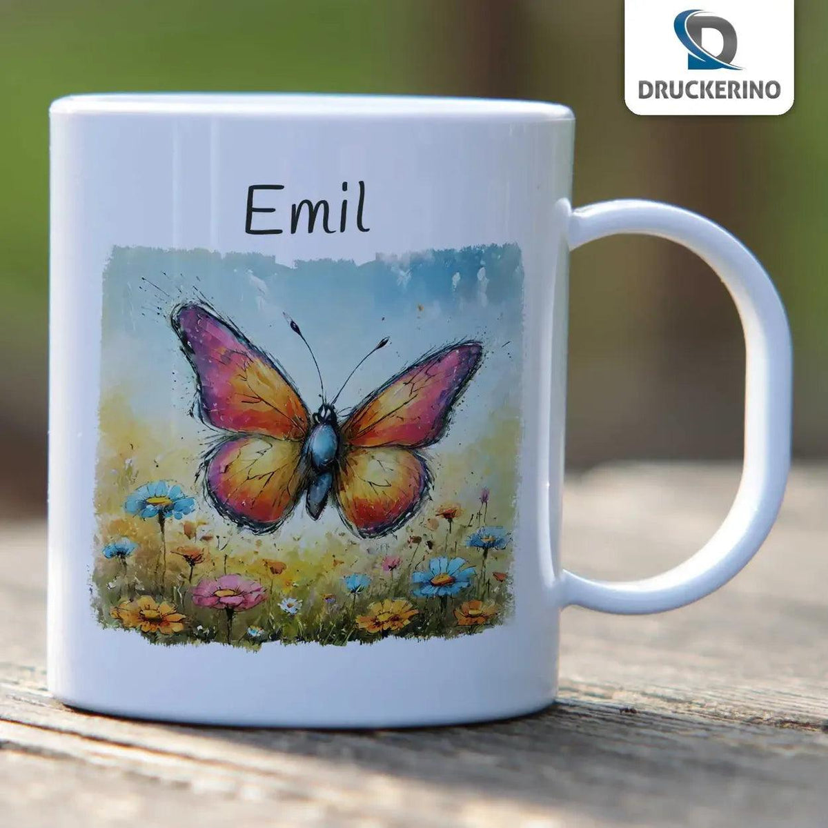 Kindertasse mit Namen | Wiesenwunder Schmetterling - Druckerino
