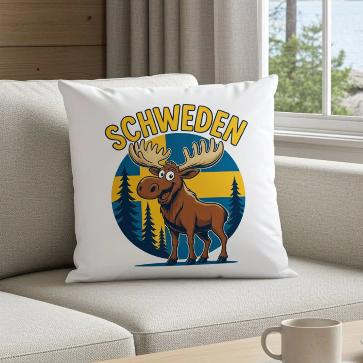 Schweden Kissen mit Elch Motiv vor schwedischer Flagge – Geschenkidee für Schwedenliebhaber von druckerino.de
