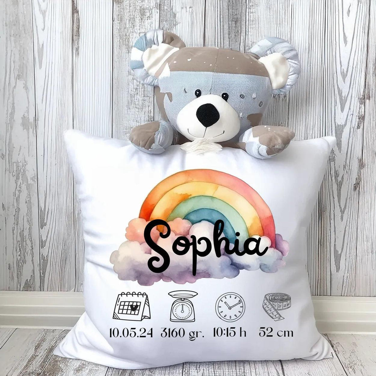 Kissen zur Geburt mit Geburtsdaten | Regenbogen - Druckerino