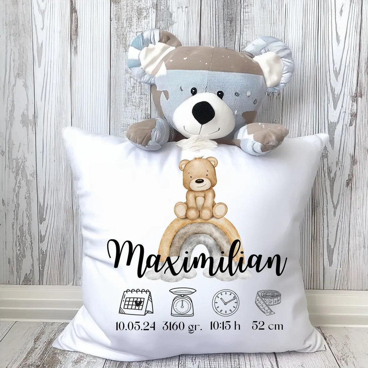 Kissen zur Geburt mit Geburtsdaten | Teddy - Druckerino
