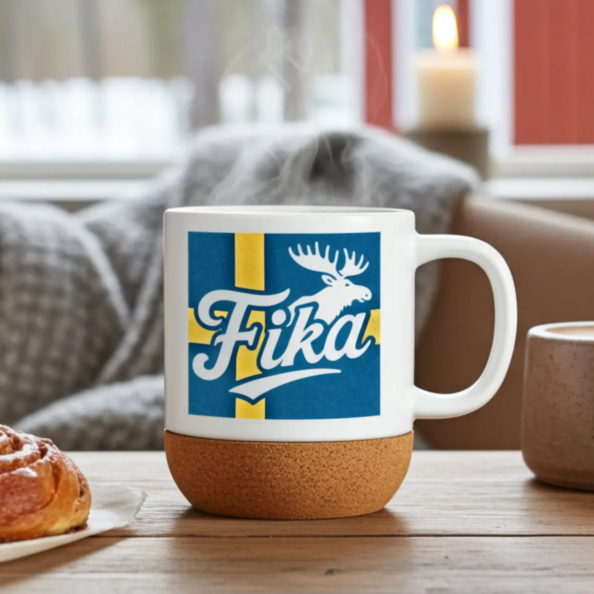 Schweden Tasse - Fika Elch Schwedenflagge Tasse mit Korsockel