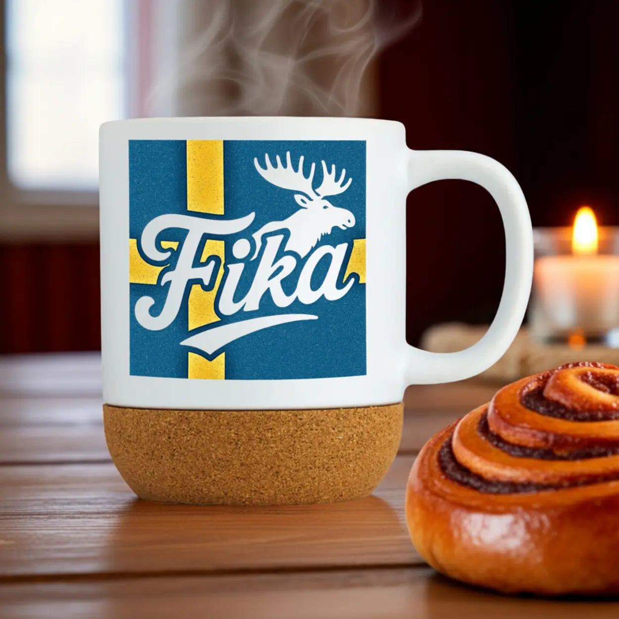 Schweden Tasse - Fika Elch Schwedenflagge Tasse mit Korsockel