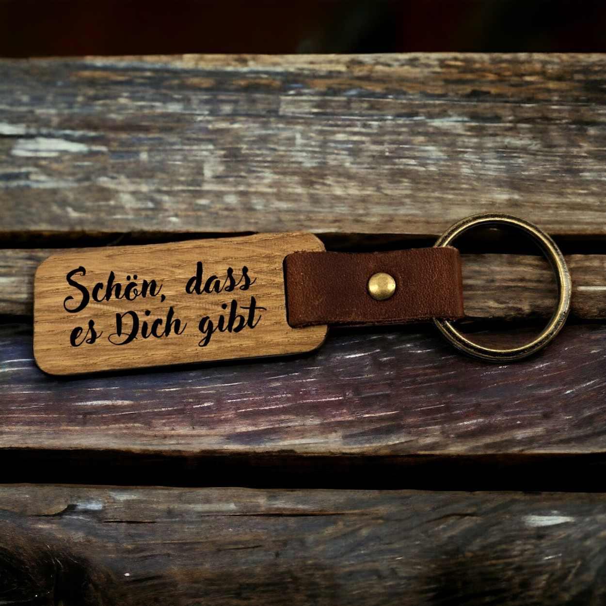 Schlüsselanhänger Holz Leder - Schön, dass es Dich gibt - Druckerino