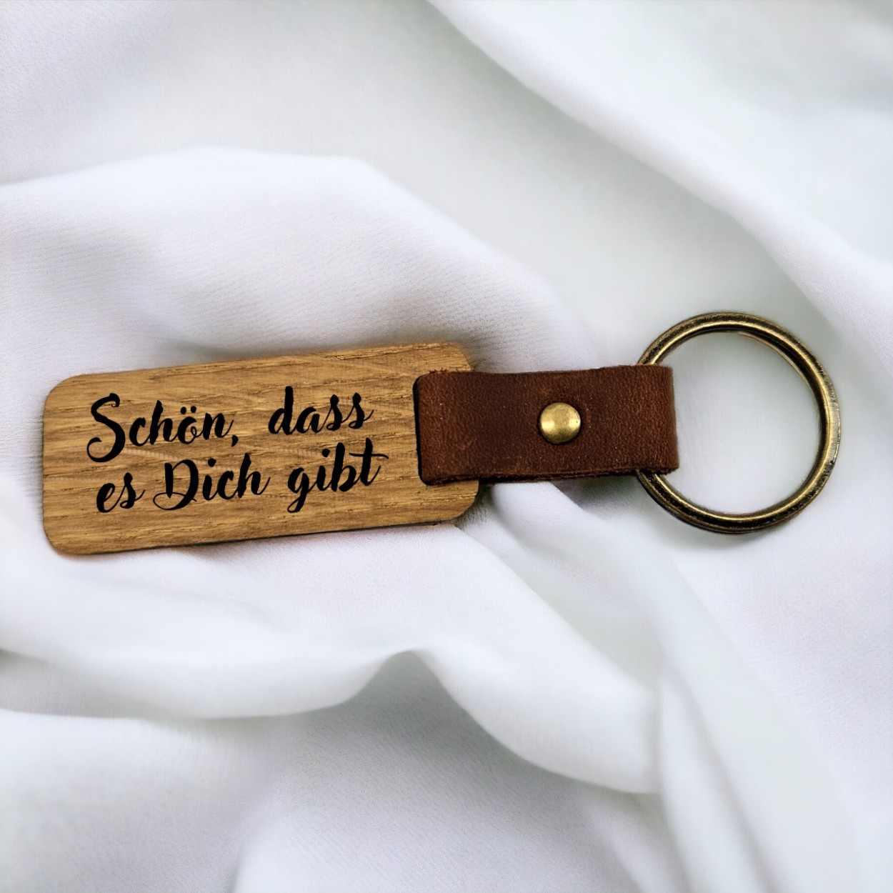 Schlüsselanhänger Holz Leder - Schön, dass es Dich gibt - Druckerino