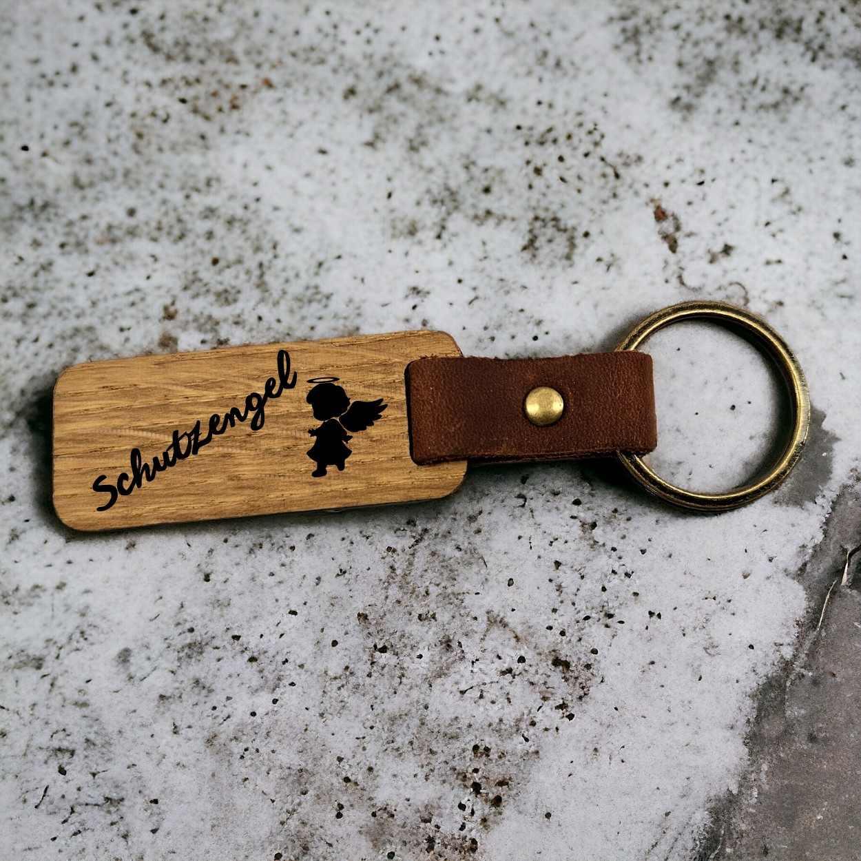Schlüsselanhänger Holz Leder - Schutzengel - Druckerino