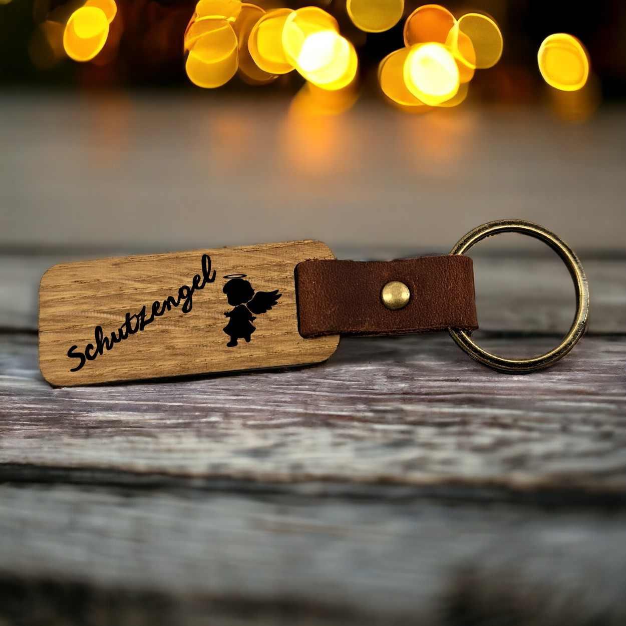 Schlüsselanhänger Holz Leder - Schutzengel - Druckerino