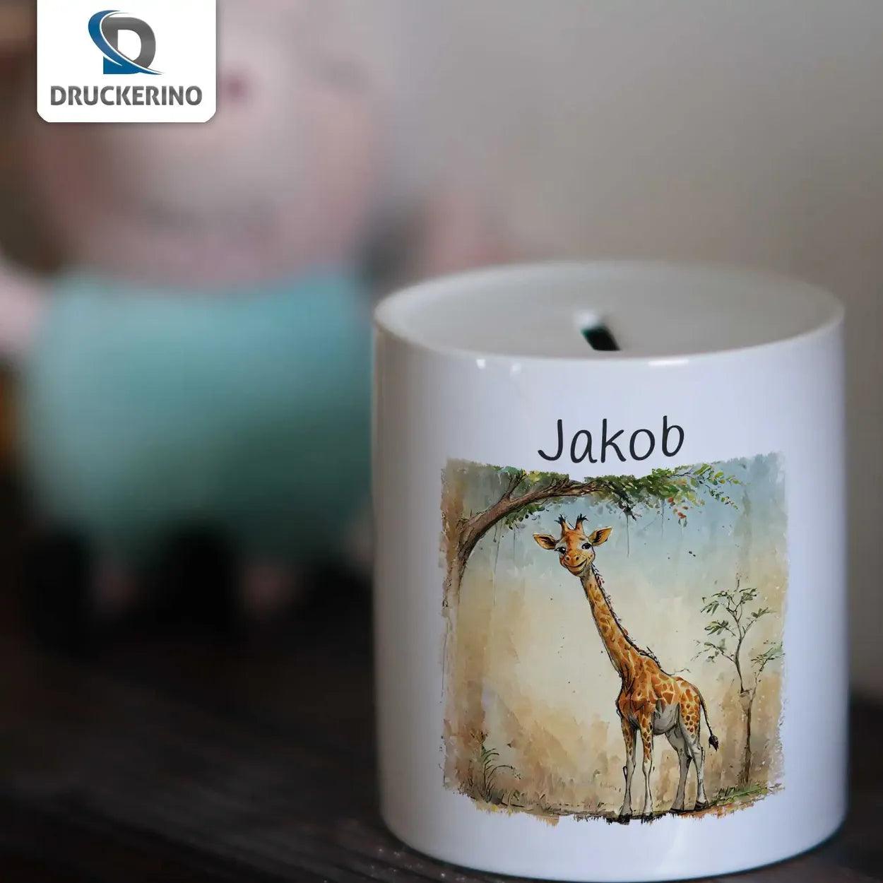 Spardose personalisiert Abenteuer Giraffe - Druckerino