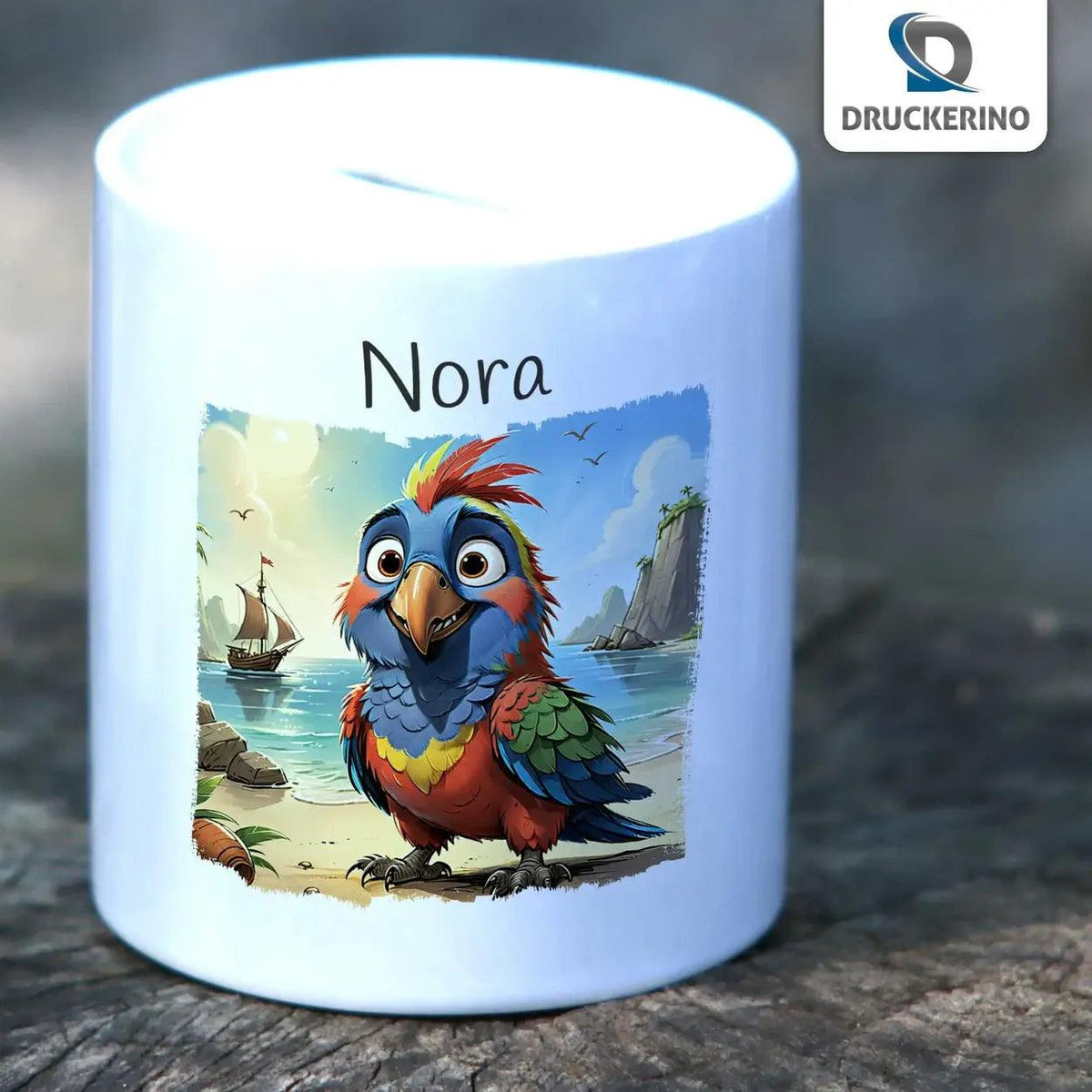 Spardose personalisiert Abenteuer Papagei - Druckerino