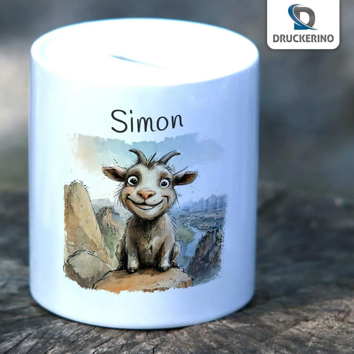 Spardose personalisiert Abenteuer-Ziegenfreund - Druckerino