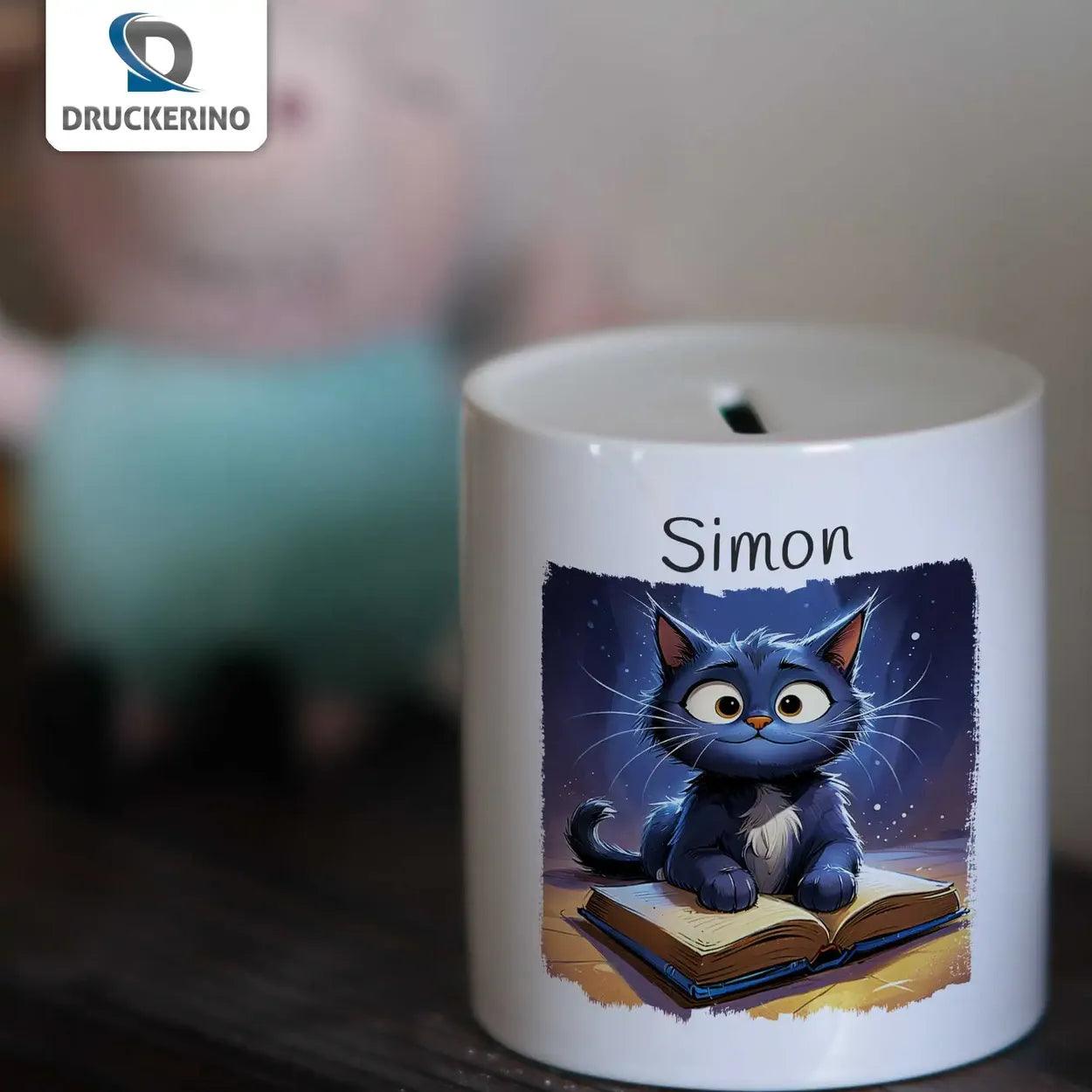 Spardose personalisiert Bücher-Katze - Druckerino