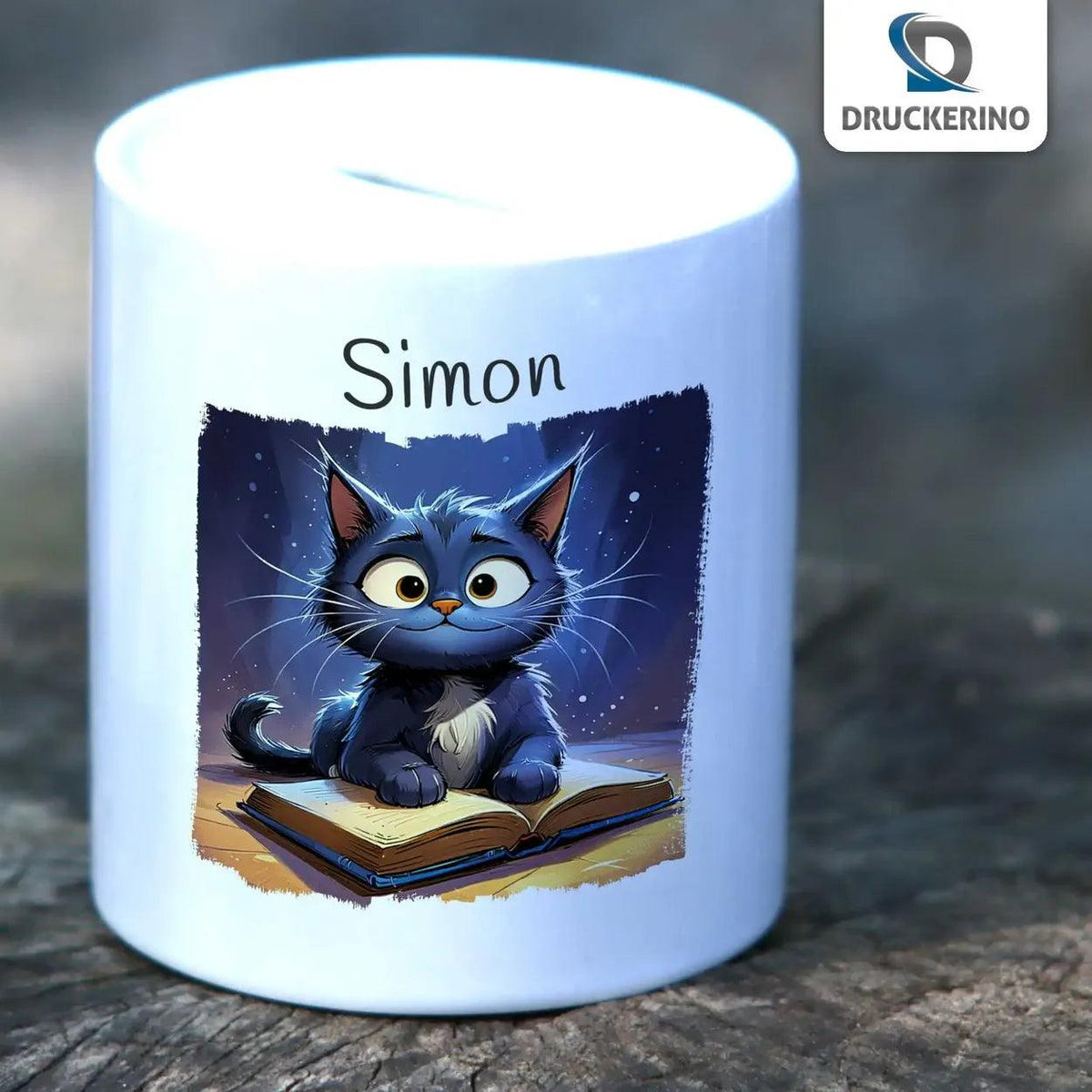 Spardose personalisiert Bücher-Katze - Druckerino