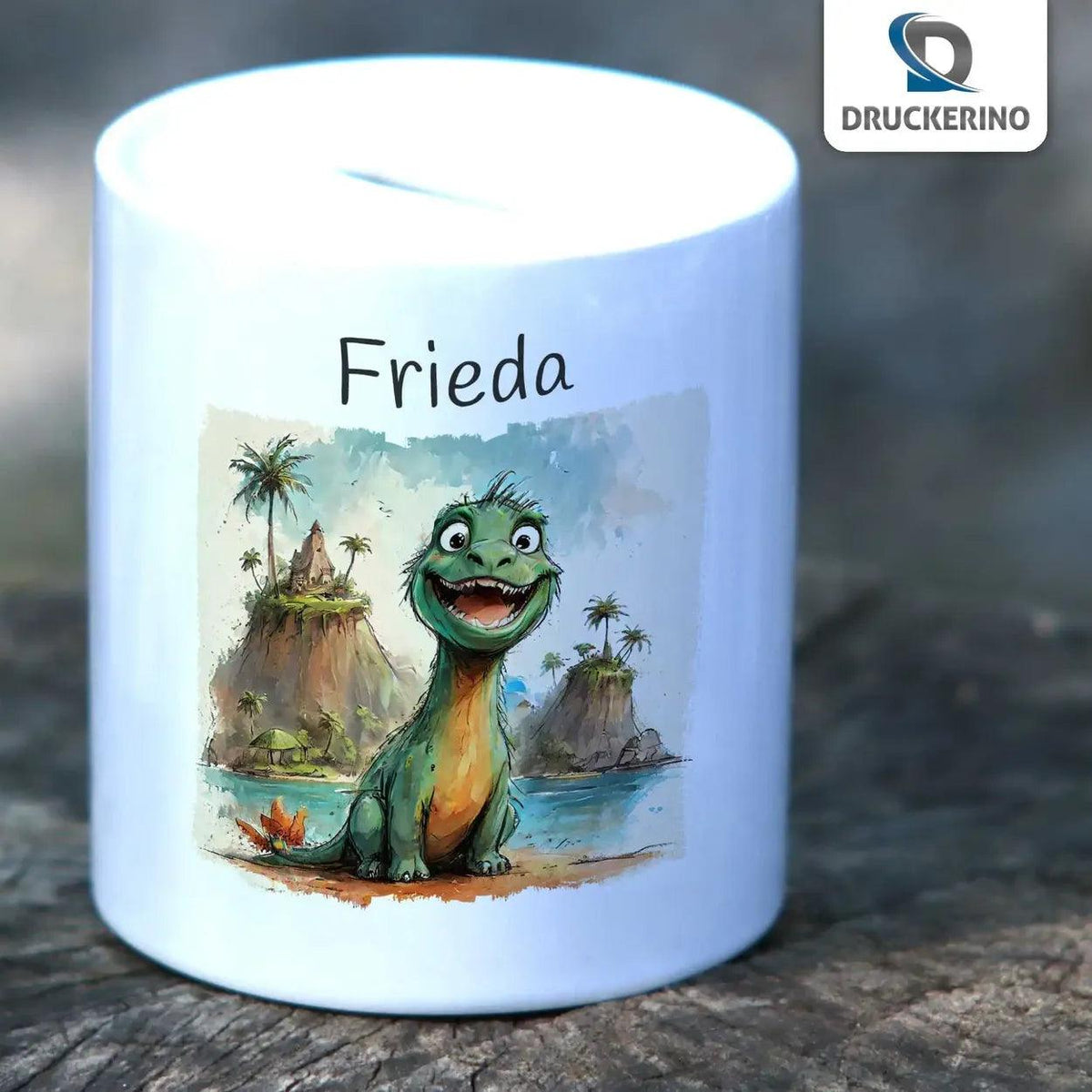 Spardose personalisiert Dino-Insel - Druckerino