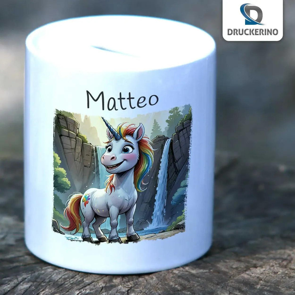 Spardose personalisiert Einhorn-Abenteuer - Druckerino