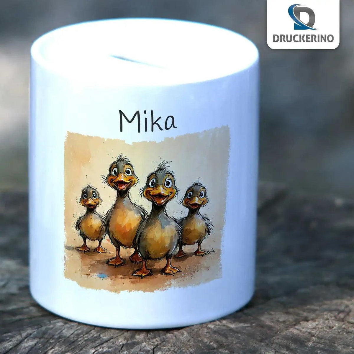 Spardose personalisiert Enten-Familie Abenteuer - Druckerino