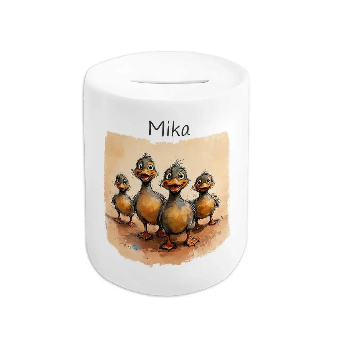 Spardose personalisiert Enten-Familie Abenteuer - Druckerino