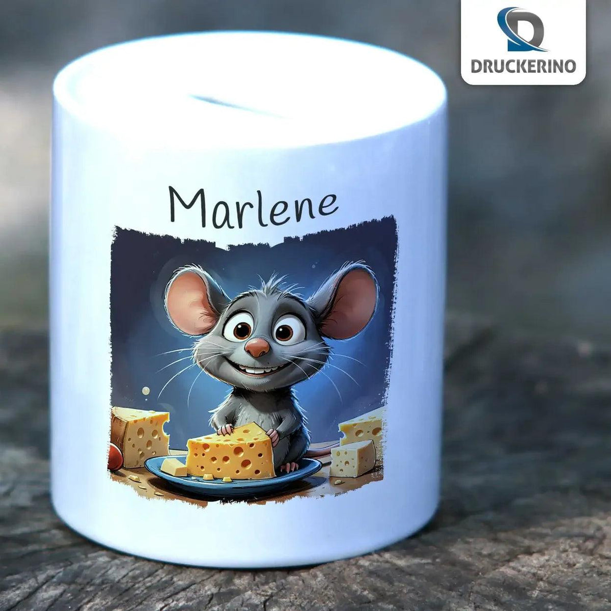 Spardose personalisiert Käsewelt-Abenteuer Maus - Druckerino