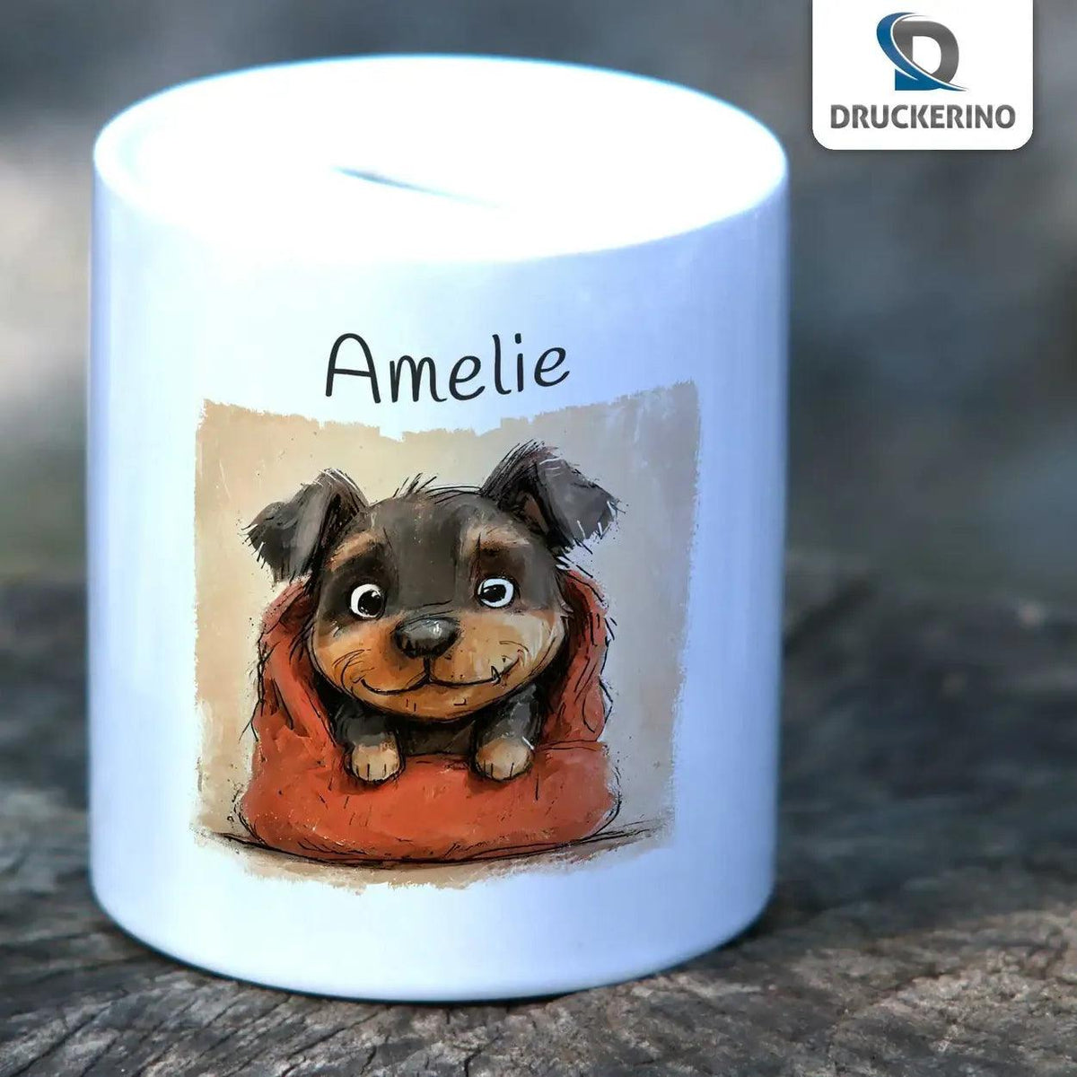 Spardose personalisiert kleiner Welpe - Druckerino
