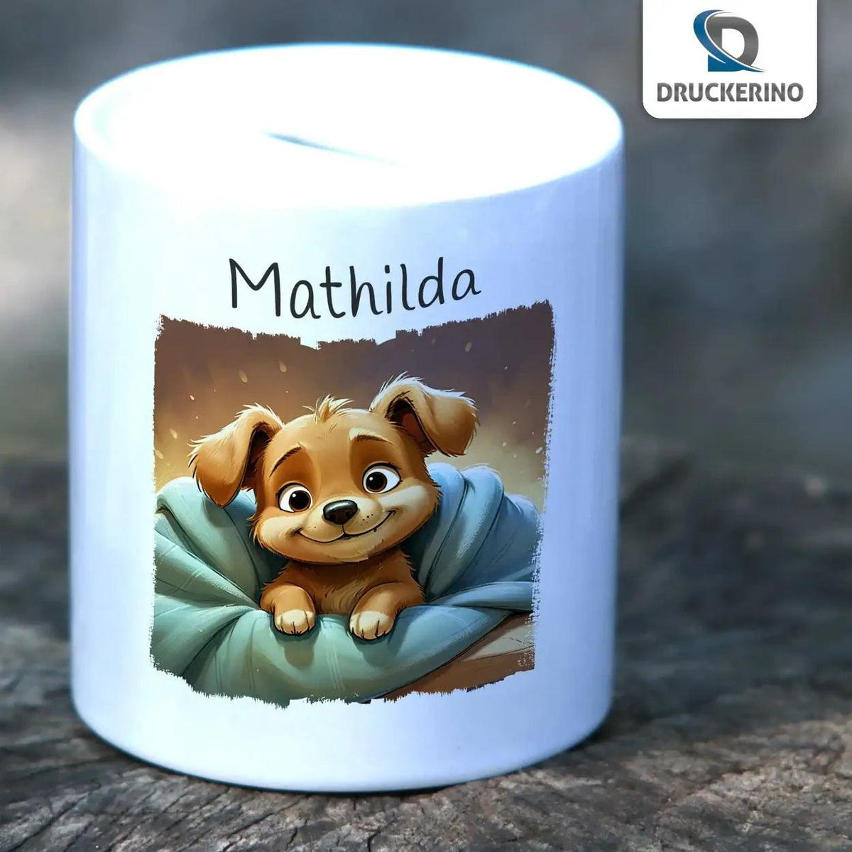 Spardose personalisiert Kuschel-Hund - Druckerino