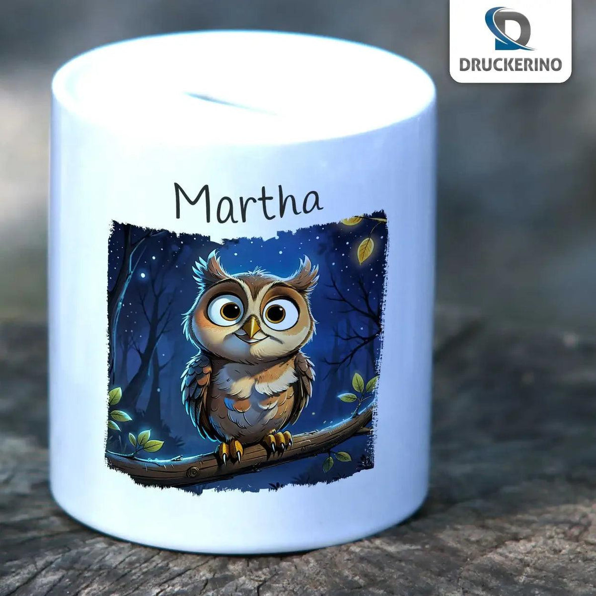 Spardose personalisiert Nacht-Eulen-Abenteuer - Druckerino