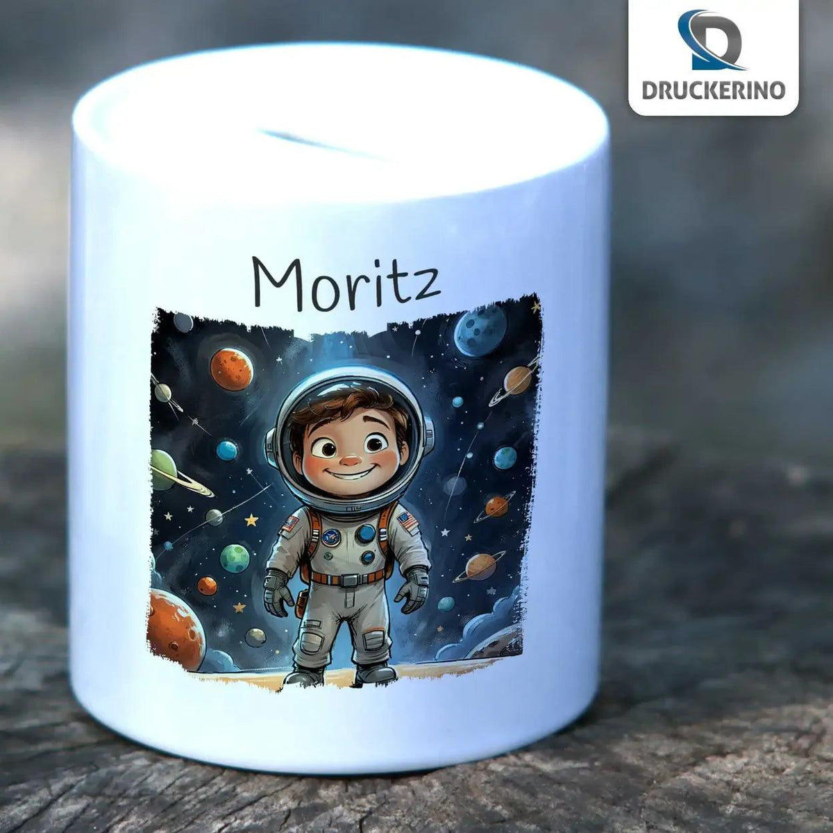 Spardose personalisiert Weltraumabenteurer - Druckerino