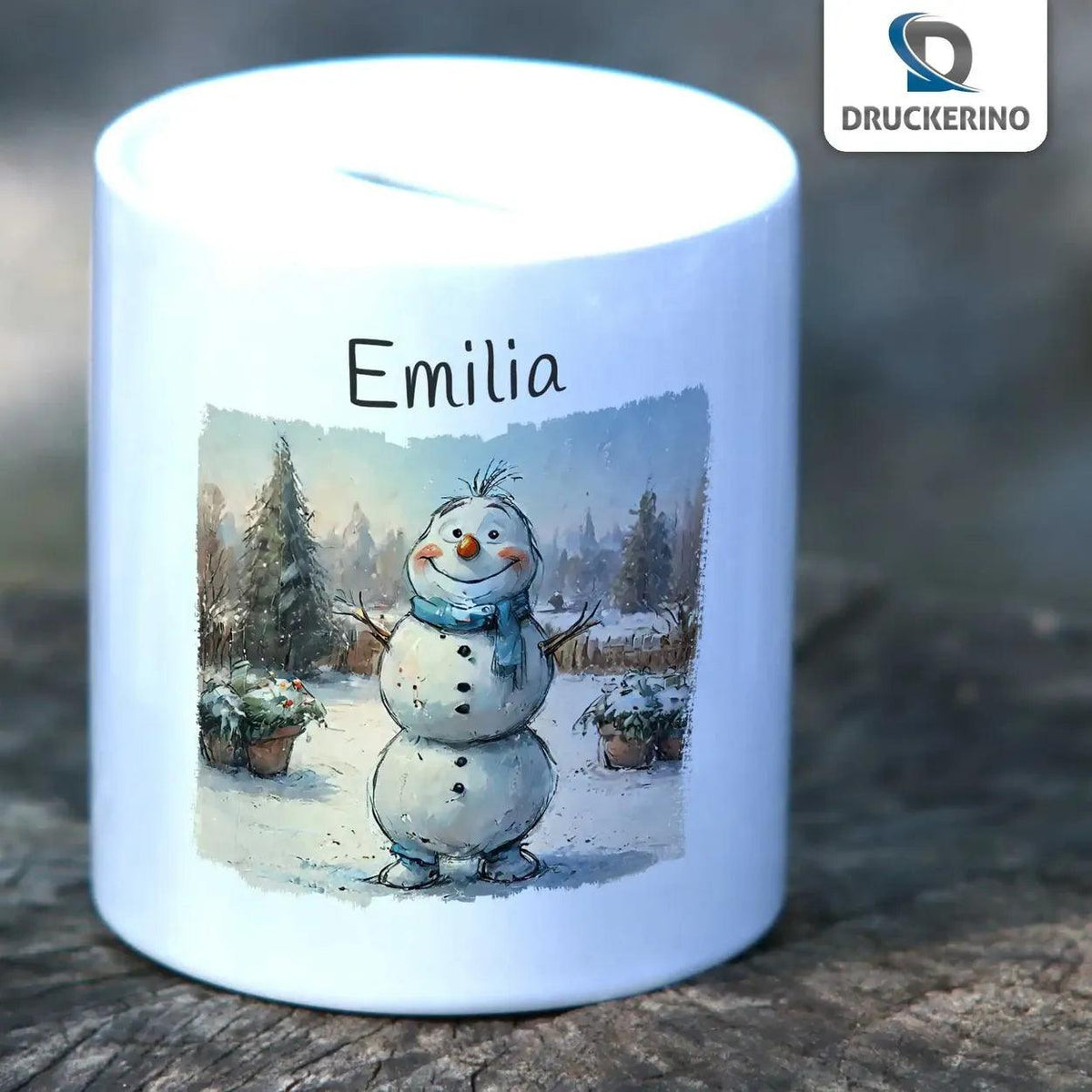Spardose personalisiert Winterwunderland Schneemann - Druckerino