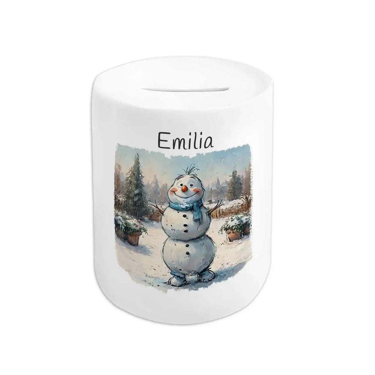 Spardose personalisiert Winterwunderland Schneemann - Druckerino