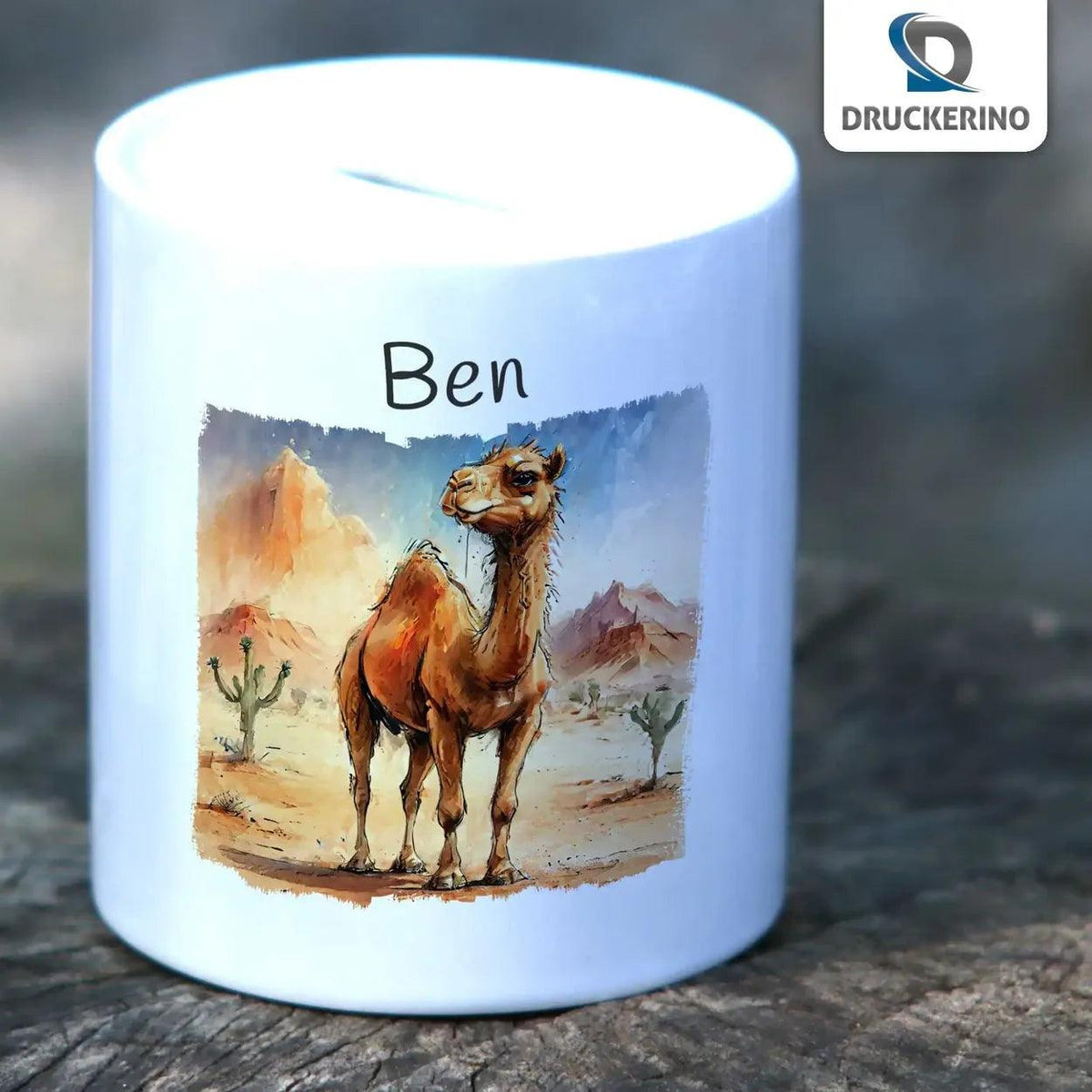 Spardose personalisiert Wüstenabenteuer Kamel - Druckerino