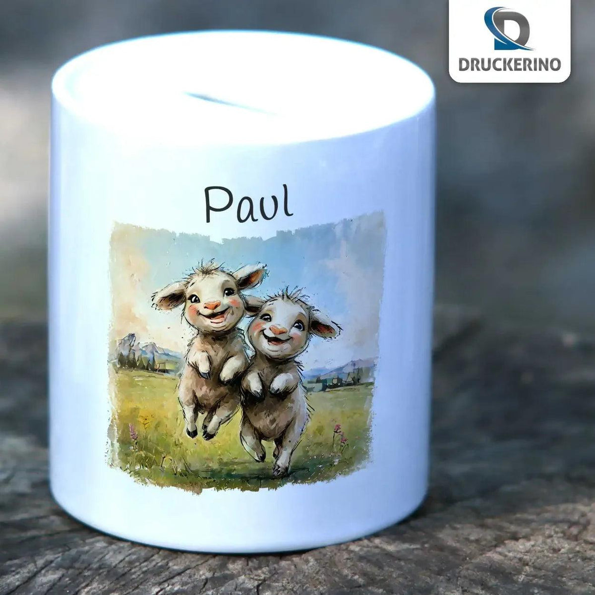 Spardose personalisiert Zauberhafte Zwillingslämmer - Druckerino