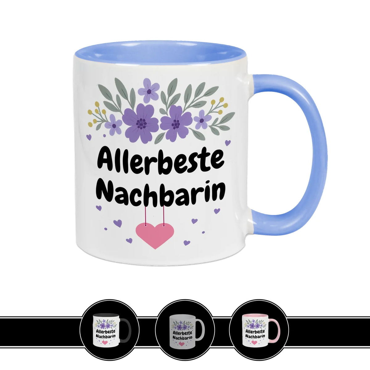 Blaue Tasse Allerbeste Nachbarin mit floralem Design, liebevolles Geschenk von druckerino.de