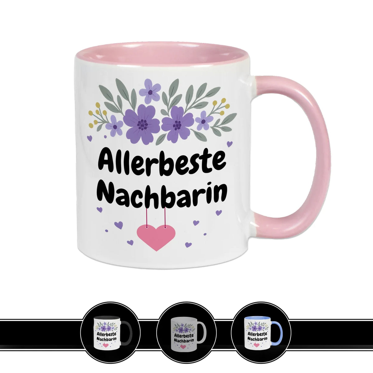 Rosa Tasse Allerbeste Nachbarin mit Blumen in Lila-Tönen, schöne Geschenkidee von druckerino.de