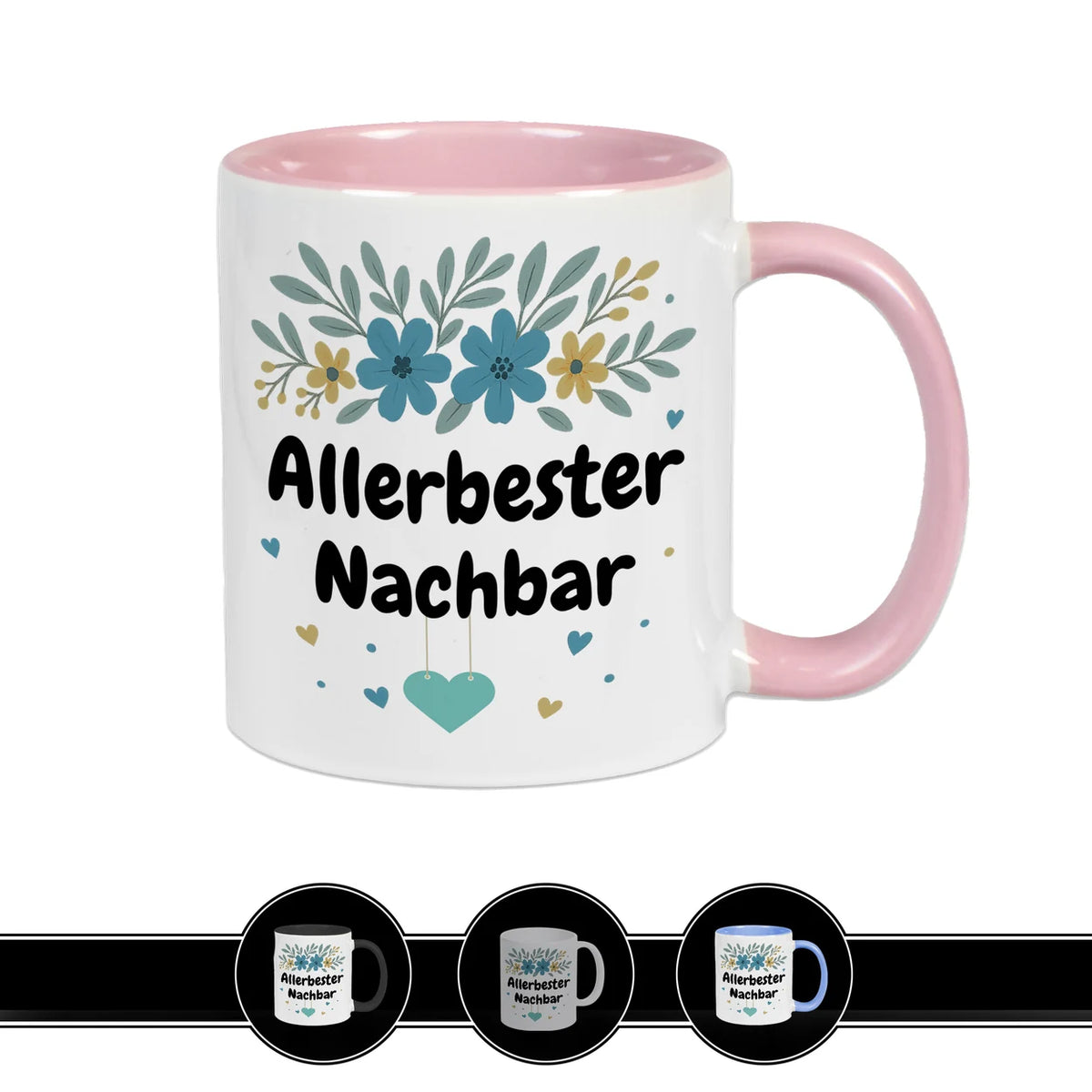Rosa Keramiktasse Allerbester Nachbar mit stilvollen Blumen, liebevolle Geschenkidee von druckerino.de