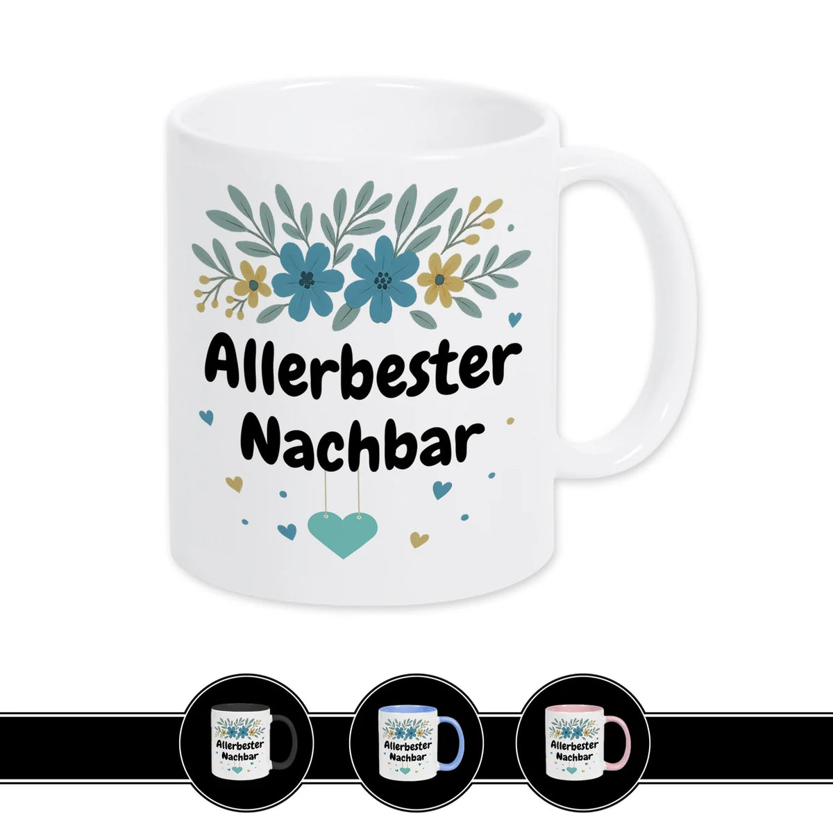 Weiße Tasse Allerbester Nachbar mit Blumenmotiv, Geschenkidee für Nachbarn von druckerino.de