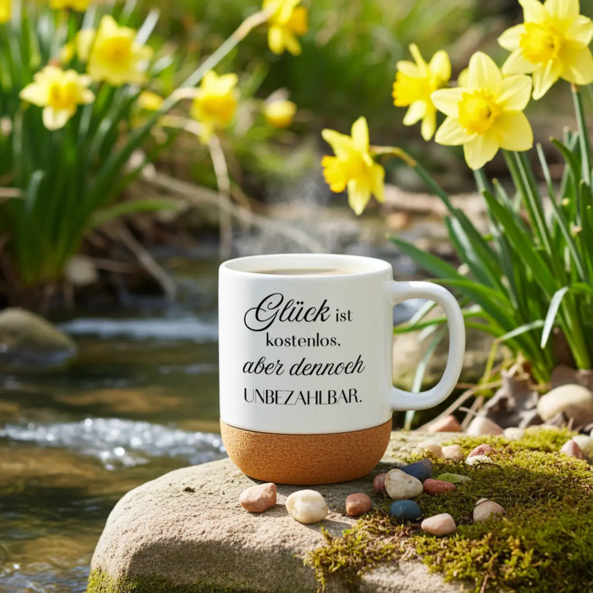 Tasse Glück ist kostenlos, aber dennoch unbezahlbar auf einem Stein am Bach