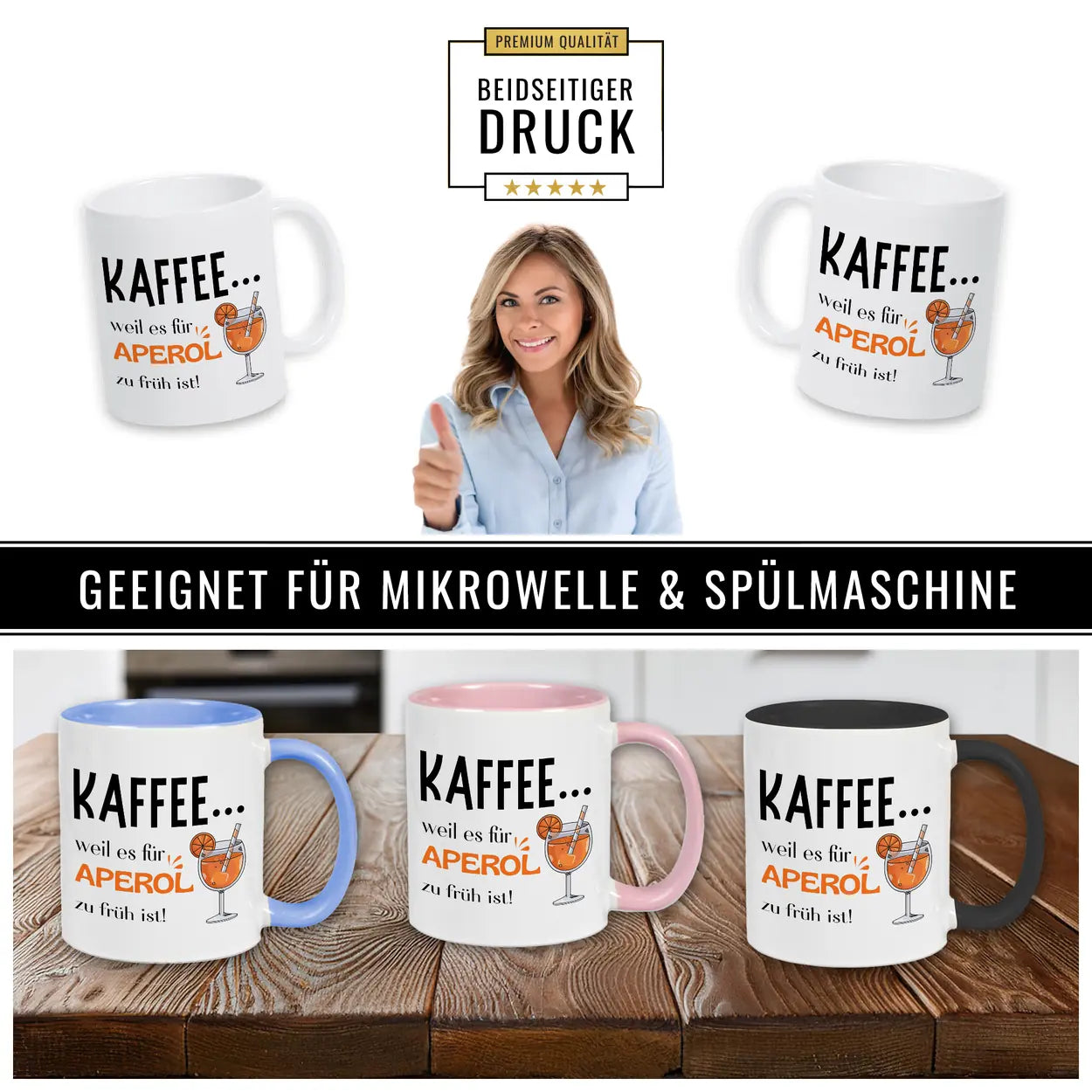 Kaffeetasse mit Spruch Kaffee weil es für Aperol zu früh ist mit Aperol Glas Illustration lustige Geschenkidee für beste Freundin oder Kollegin