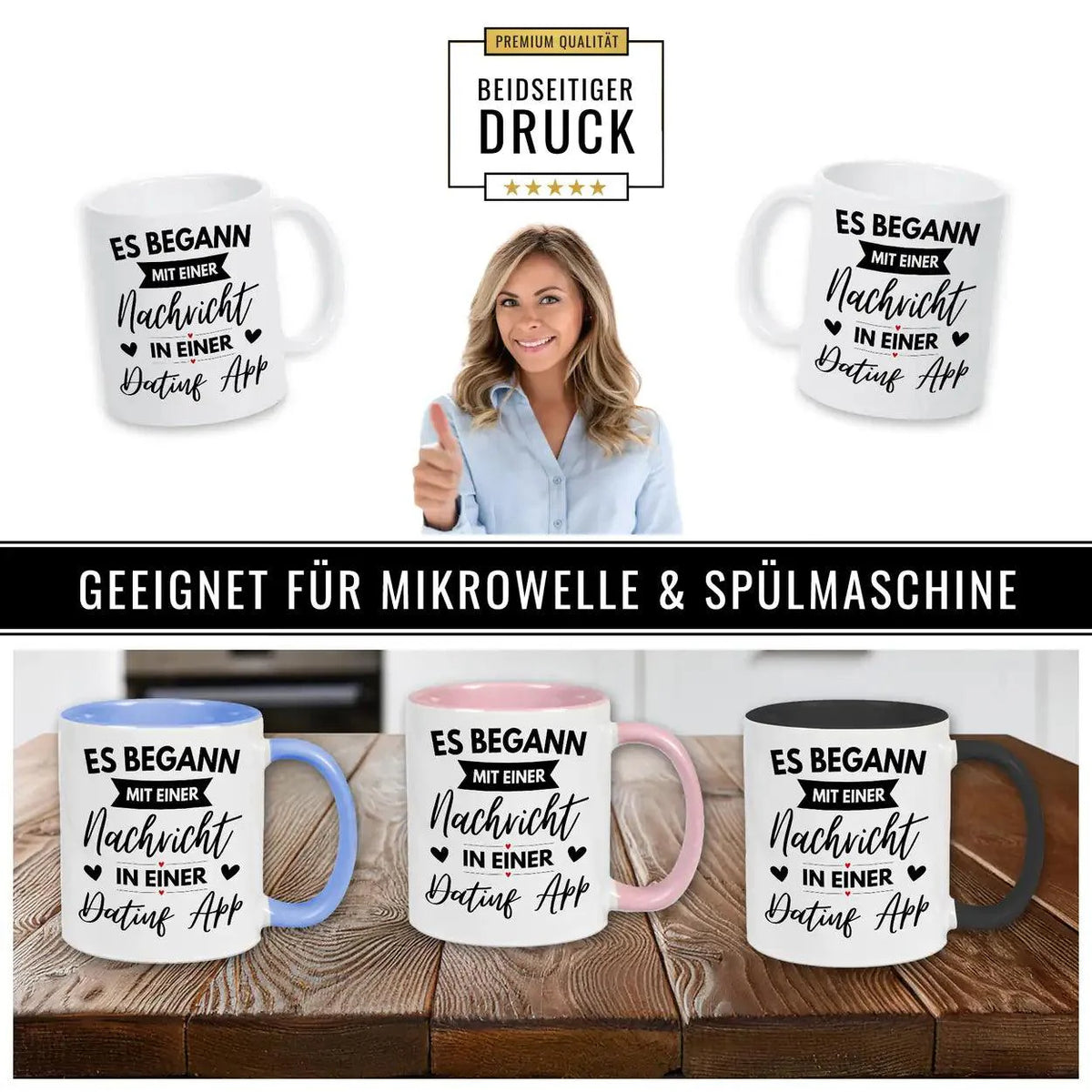 Tasse mit Spruch Es begann mit einer Nachricht in einer Dating App - Druckerino