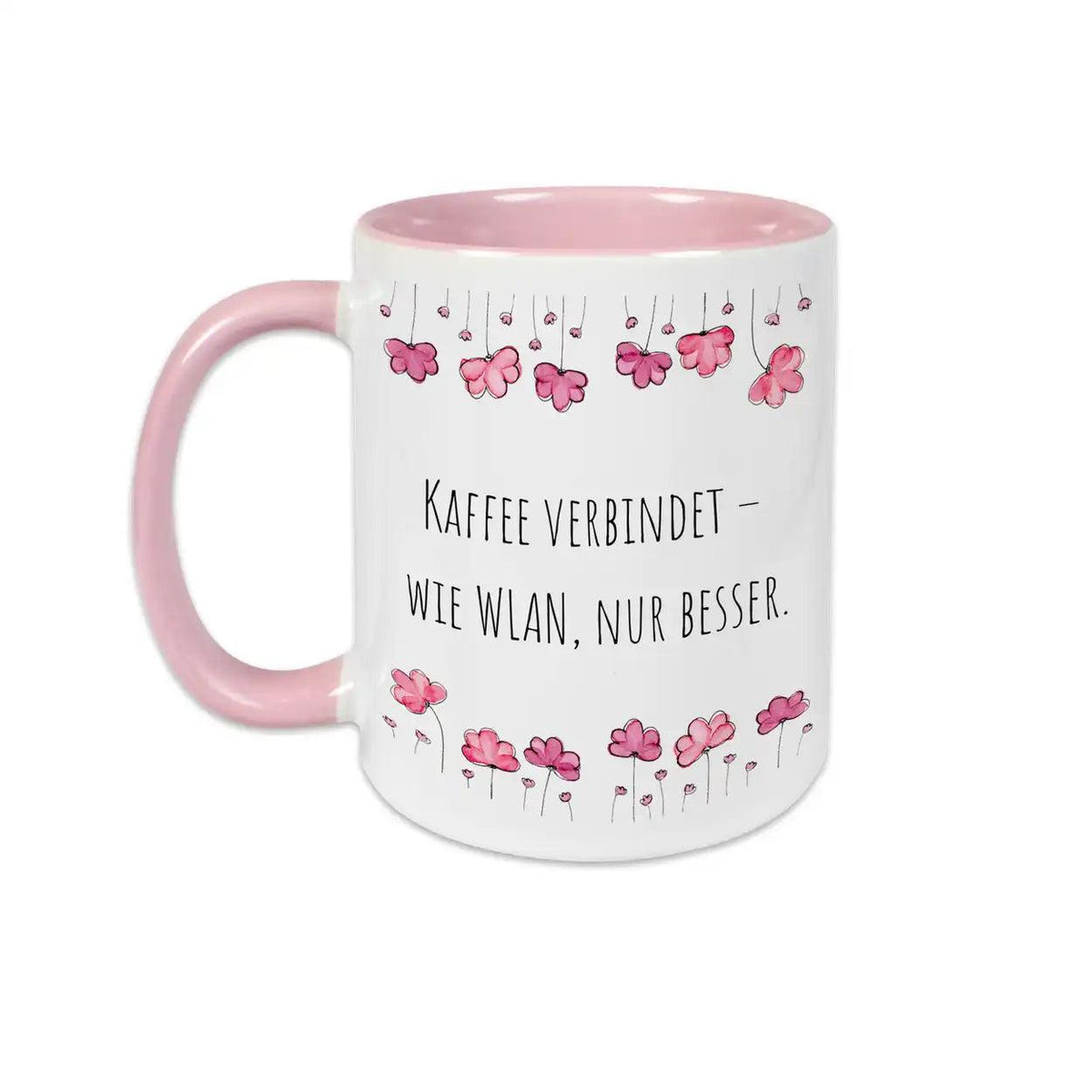 Tasse mit Spruch "Kaffee verbindet – wie WLAN, nur besser" - Druckerino