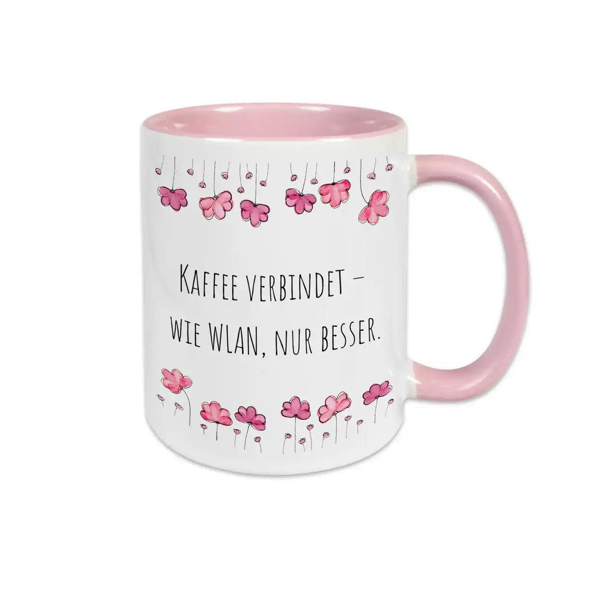Tasse mit Spruch "Kaffee verbindet – wie WLAN, nur besser" - Druckerino