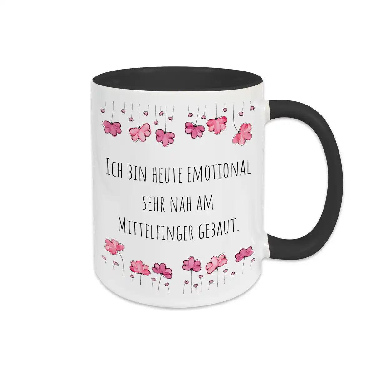 Tassen mit Sprüchen "Ich bin heute emotional sehr nah am Mittelfinger gebaut" - Druckerino