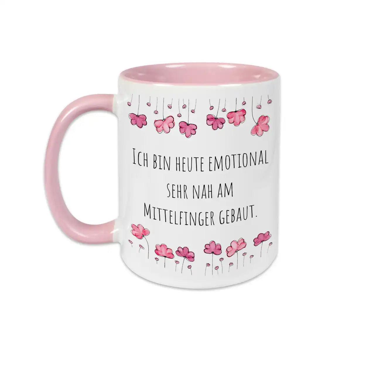 Tassen mit Sprüchen "Ich bin heute emotional sehr nah am Mittelfinger gebaut" - Druckerino
