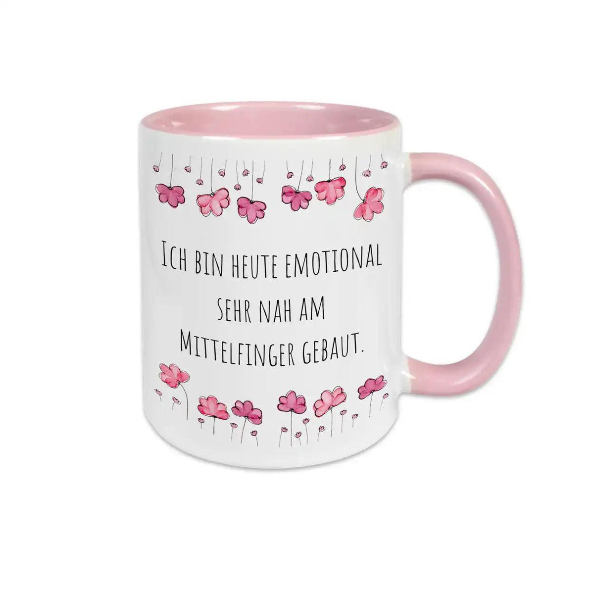 Tassen mit Sprüchen "Ich bin heute emotional sehr nah am Mittelfinger gebaut" - Druckerino