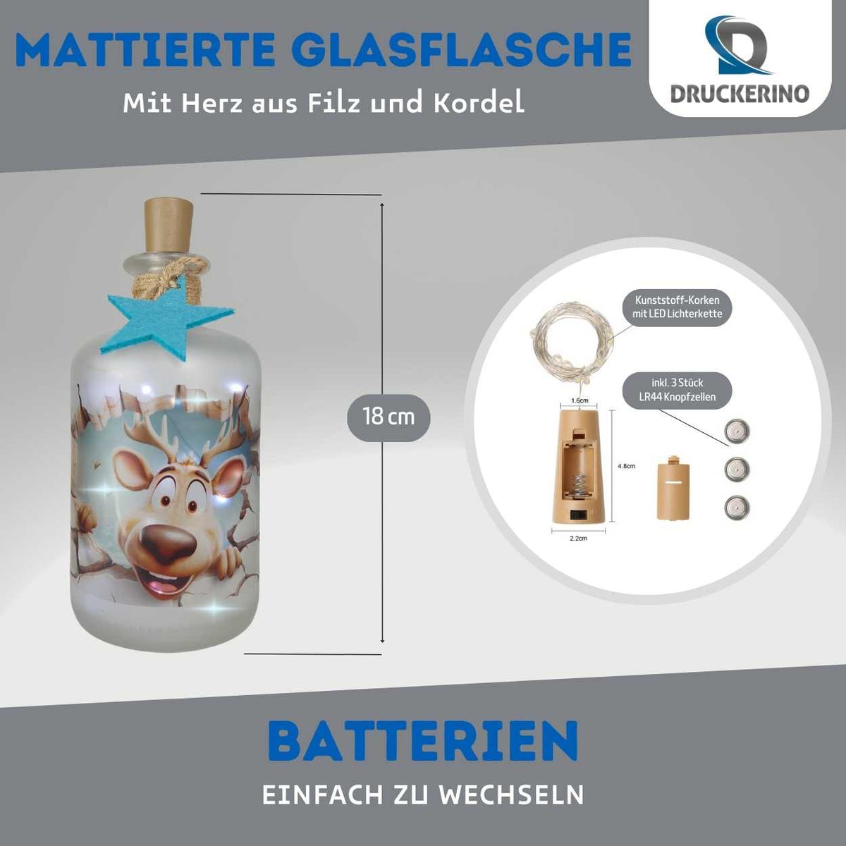 Flaschenlicht - Rentier - Special Edition (mattiert) Flaschenlicht Druckerino   