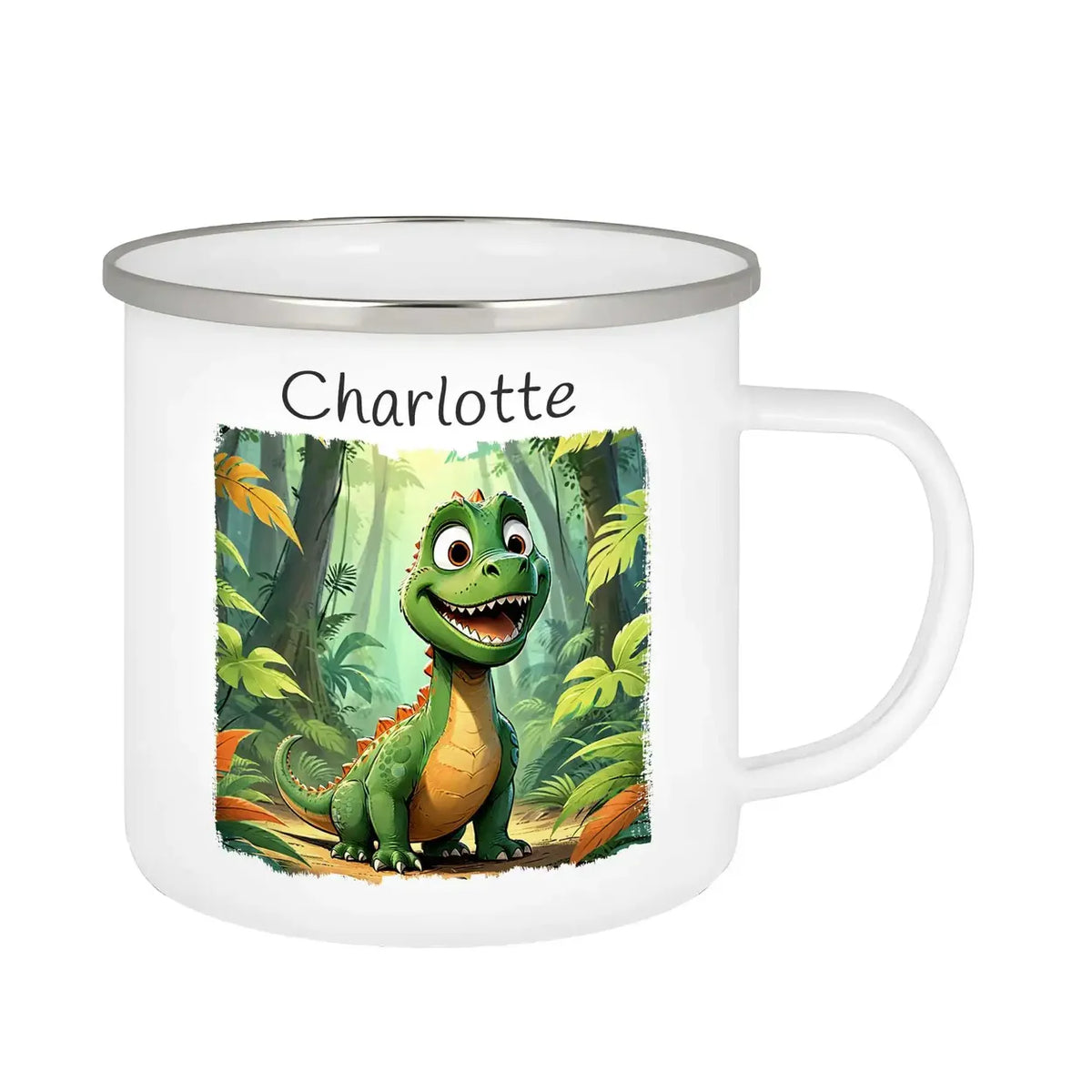 Tasse aus Emaille | Dino-Abenteuer | Tassen personalisieren | Geschenk personalisier Emailletasse Druckerino   