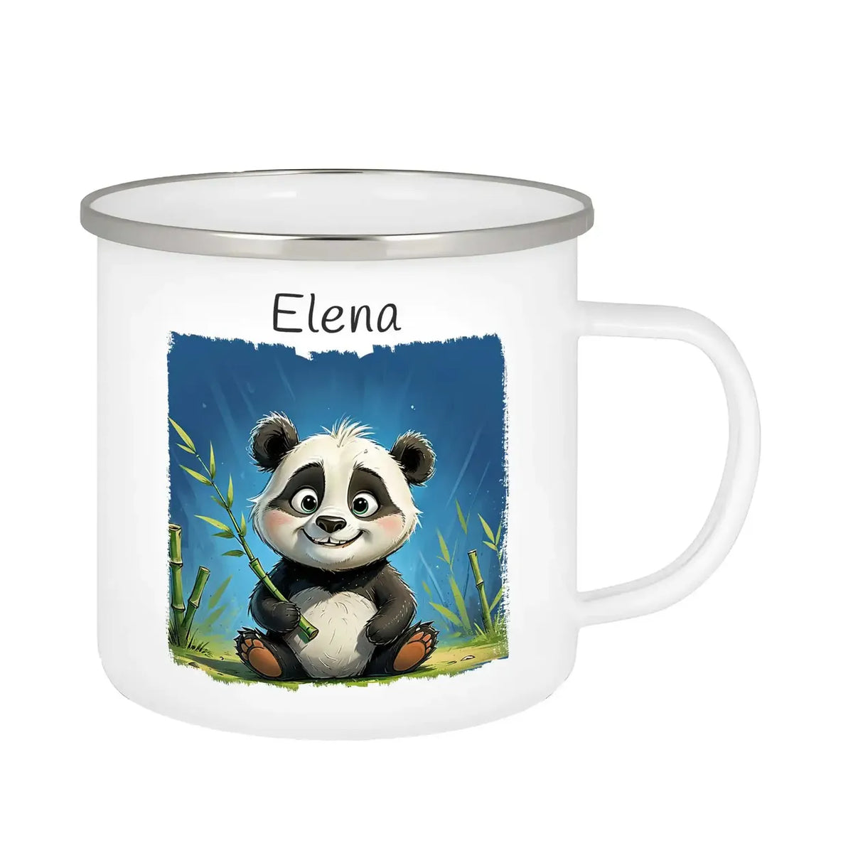 Pandabär Abenteuer Emaille Tasse für Kinder personalisiert Emailletasse Druckerino   