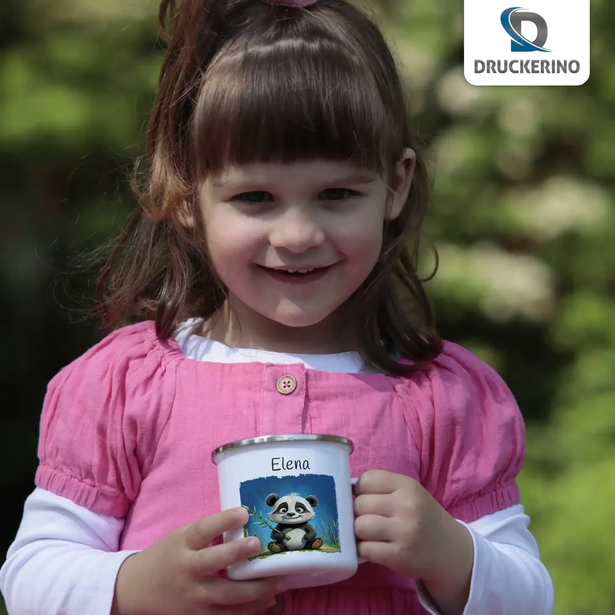 Pandabär Abenteuer Emaille Tasse für Kinder personalisiert Emailletasse Druckerino   