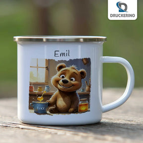 Abenteuerbär Emaille Tasse für Kinder personalisiert Emailletasse Druckerino   