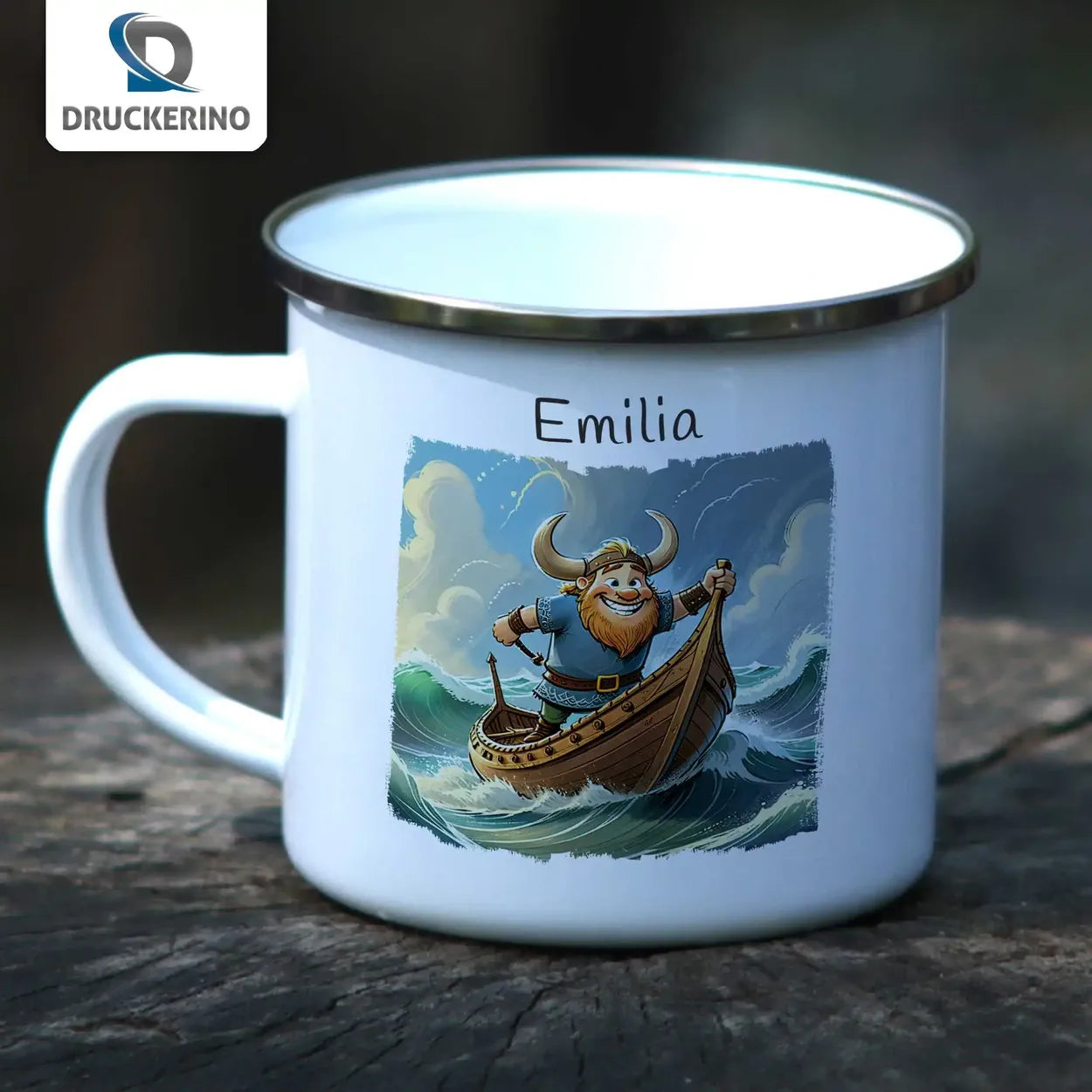 Personalisierte Kindertasse aus Emaille | Wikingerabenteuer | Emaille Tasse | Tierbilder Emailletasse Druckerino   